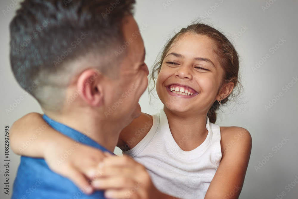 Smile, father and daughter hug with love for affection, security and bonding together of relationship. Girl, man and embrace with laugh for funny joke, care and family connection on studio background Smile, father and daughter hug with love for affection, security and bonding together of relationship. Girl, man and embrace with laugh for funny joke, care and family connection on studio background