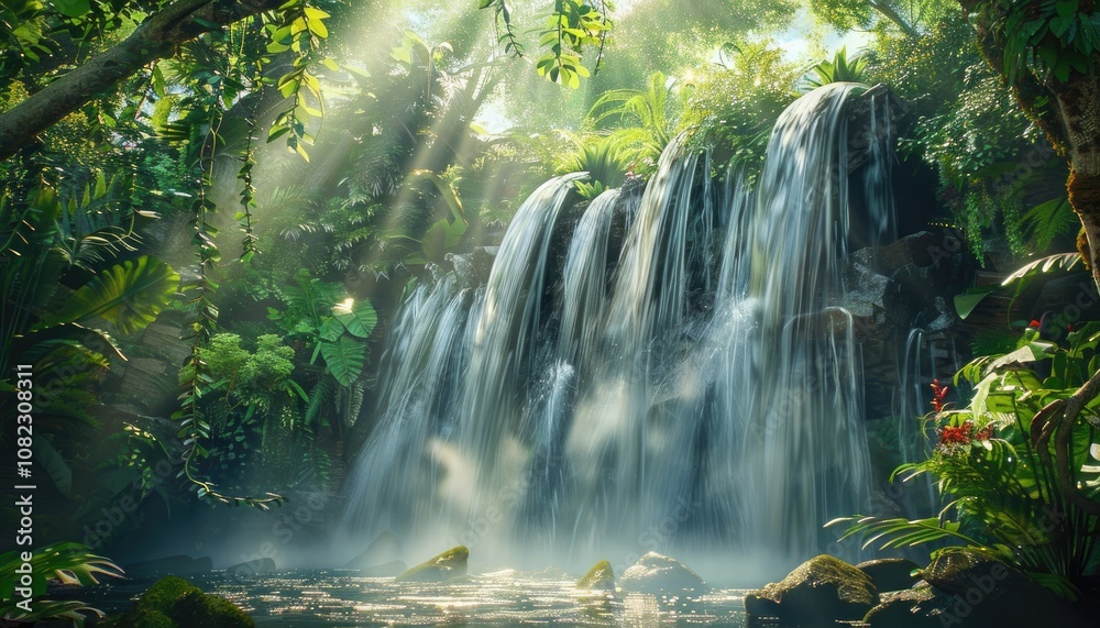 Sunbeams Illuminating a Waterfall in Lush Tropical Foliage Sunbeams Illuminating a Waterfall in Lush Tropical Foliage