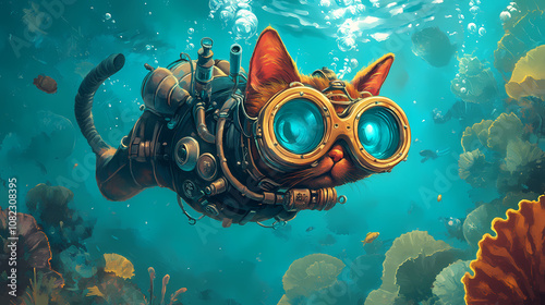 Wallpaper Mural Scuba diving steampunk cat swimming in the ocean illustration generative ai. Steampunk. Illustration Torontodigital.ca