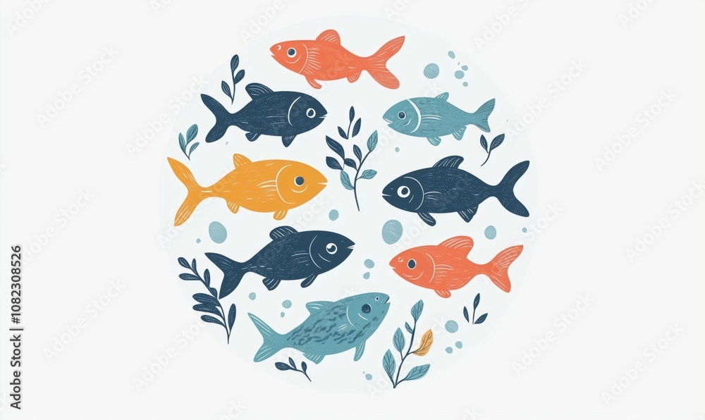 Colorful fish illustration with aquatic plants, featuring various fish species in vibrant colors, swimming in a circular arrangement. Colorful fish illustration with aquatic plants, featuring various fish species in vibrant colors, swimming in a circular arrangement.