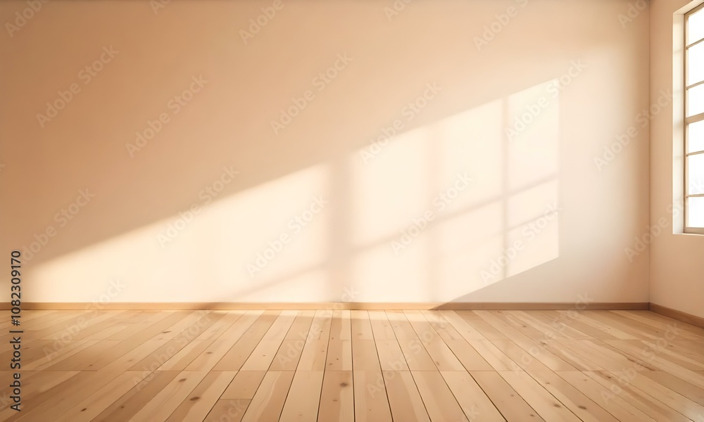 Empty room with wooden floor and warm lighting from windows Empty room with wooden floor and warm lighting from windows