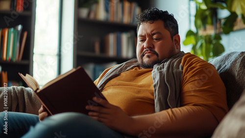 Hispanic overweight middle aged man sitting in the sofa, reading a book. Plus size hispanic man reading, sitting on couch, wellness at home theme. Diversity, body inclusive theme.