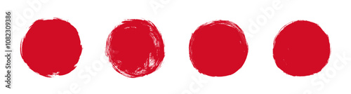 Red round stamp, hand drawn grunge shapes set, texture button isolated on white background