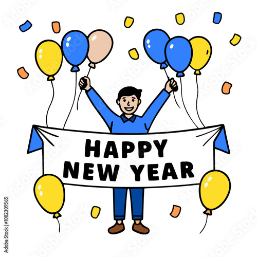 Happy New Year Celebration: A cheerful cartoon character in a blue shirt holds a banner that reads "Happy New Year" surrounded by colorful balloons and confetti.