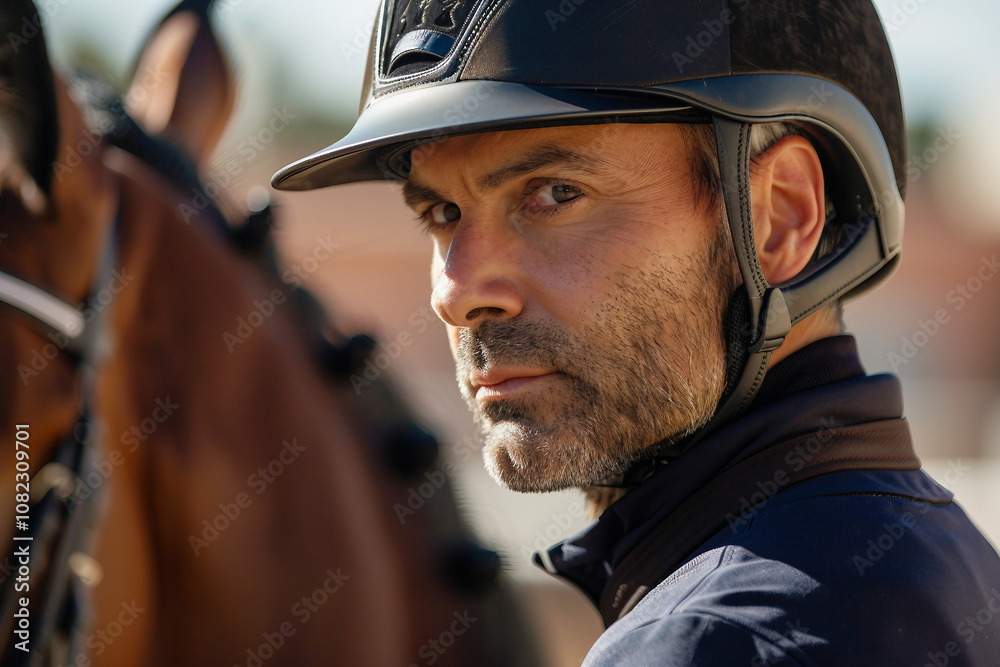 Generative AI illustration, equestrian sports lesson training, young person man woman kid learning to ride a horse Generative AI illustration, equestrian sports lesson training, young person man woman kid learning to ride a horse