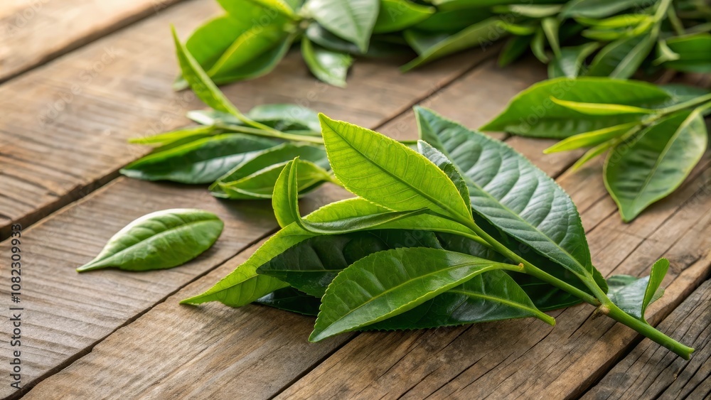 Fresh Green Tea Leaves on Rustic Wooden Table - Organic Herbal Beverage Close-Up for Relaxation and Wellness Fresh Green Tea Leaves on Rustic Wooden Table - Organic Herbal Beverage Close-Up for Relaxation and Wellness