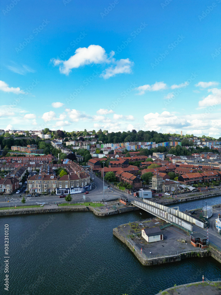 Fototapeta premium Aerial View of Cumberland Basin Central Bristol City of Southwest of England, Great Britain. High Angle Footage Was Captured with Drone's Camera from Medium High Altitude on May 28th, 2024.