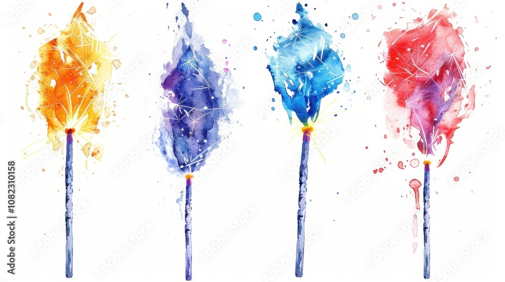 Fototapeta premium Festive colorful watercolor clipart of christmas sparklers holiday celebration artistic illustrations bright atmosphere vibrant view joyful spirit