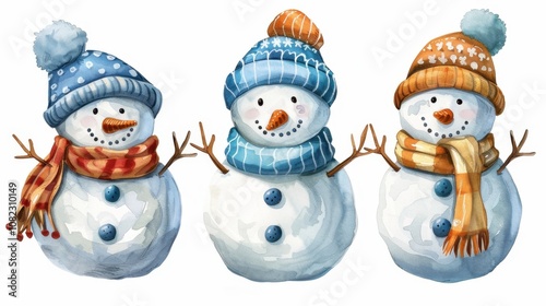 Festive snowman trio christmas watercolor clipart holiday art collection bright and cheerful winter scene front view whimsical and playful concept
