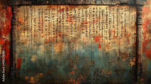 Ancient Sanskrit Calligraphy on Weathered Wall. Generative AI photo