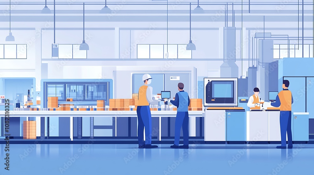 A modern industrial workspace with workers engaged in production and assembly tasks. A modern industrial workspace with workers engaged in production and assembly tasks.
