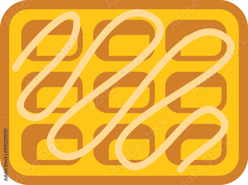 Simple vector illustration of a square waffle with syrup drizzled on top in a flat cartoon style