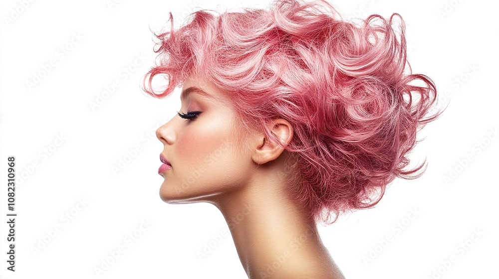 Elegant Profile View of a Model with Stylish Curly Pink Hair Against a Clean White Background, Showcasing Modern Hair Trends and Beauty Aesthetics Elegant Profile View of a Model with Stylish Curly Pink Hair Against a Clean White Background, Showcasing Modern Hair Trends and Beauty Aesthetics