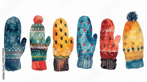 Christmas watercolor clipart colorful winter mittens collection festive art for holiday projects vibrant design elements