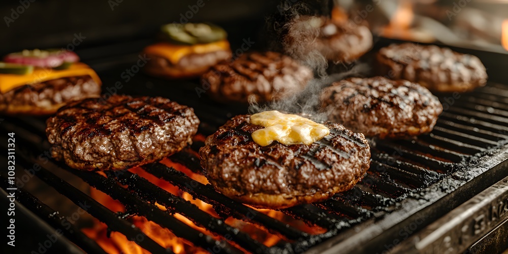 Grilled burgers with melted cheese and toppings on a barbecue grill. Grilled burgers with melted cheese and toppings on a barbecue grill.