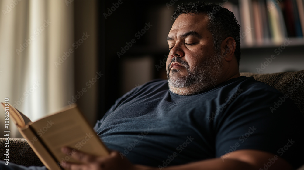 Hispanic overweight middle aged man sitting in the sofa, reading a book. Plus size hispanic man reading, sitting on couch, wellness at home theme. Diversity, body inclusive theme. Hispanic overweight middle aged man sitting in the sofa, reading a book. Plus size hispanic man reading, sitting on couch, wellness at home theme. Diversity, body inclusive theme.