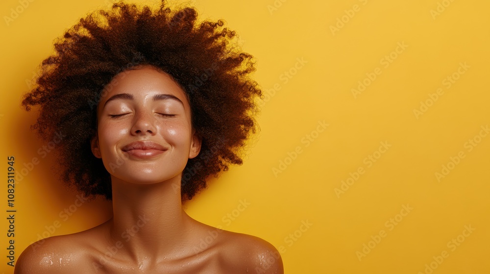 Woman enjoying refreshing hydration studio portrait bright yellow background close-up glowing skin concept Woman enjoying refreshing hydration studio portrait bright yellow background close-up glowing skin concept
