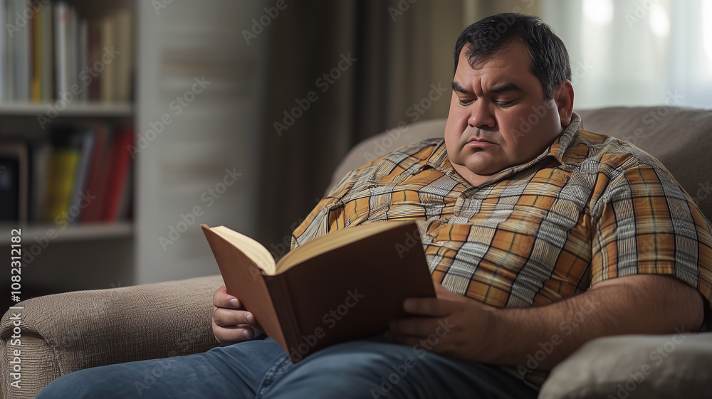 Hispanic overweight middle aged man sitting in the sofa, reading a book. Plus size hispanic man reading, sitting on couch, wellness at home theme. Diversity, body inclusive theme. Hispanic overweight middle aged man sitting in the sofa, reading a book. Plus size hispanic man reading, sitting on couch, wellness at home theme. Diversity, body inclusive theme.