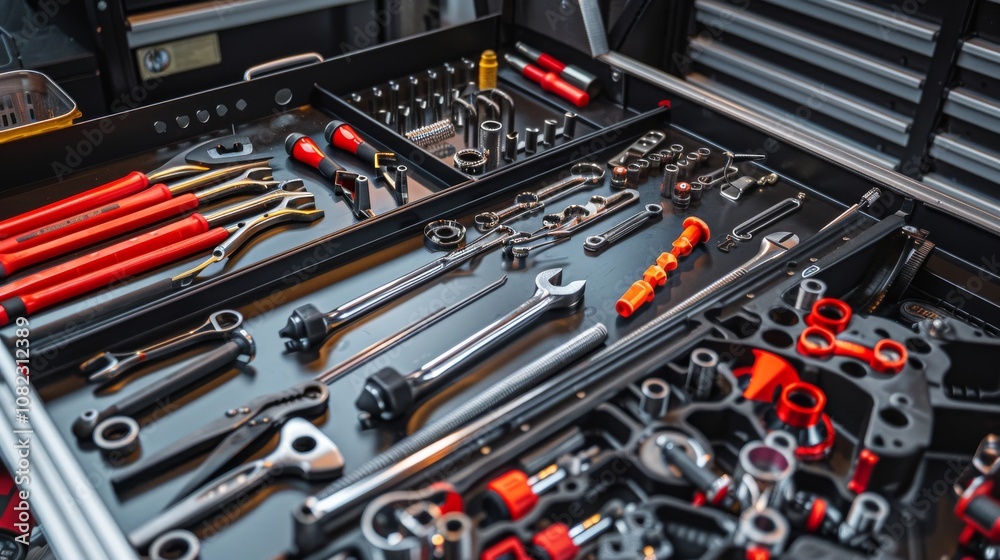 Fototapeta premium A dynamic automotive workshop with tools and car parts, Engine components neatly displayed, Mechanical expertise style