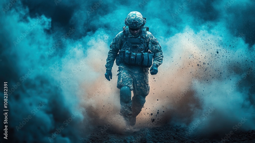 Fototapeta premium Soldier in Smoke and Dust