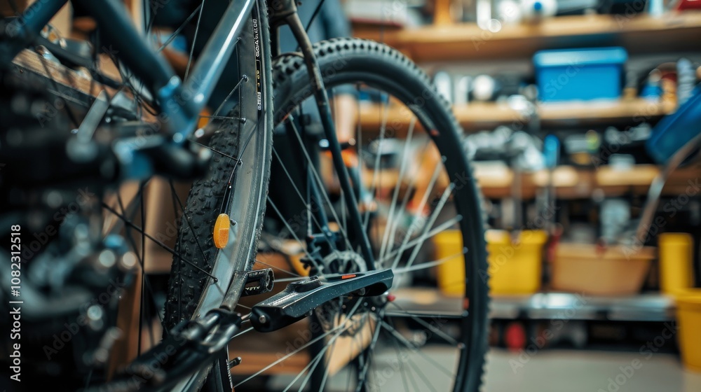 A dynamic bike repair shop with bicycle tools and repair stands, Mechanics servicing bicycles in a workshop, Cycling maintenance style A dynamic bike repair shop with bicycle tools and repair stands, Mechanics servicing bicycles in a workshop, Cycling maintenance style