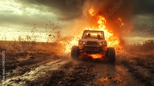 Off-Road Buggy Driving Through Fire and Mud