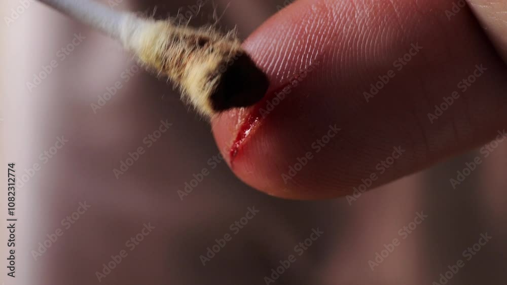 Bleeding finger from a knife cut. deep wound on thumb. First aid measures are essential to prevent infection and treat injury. Proper bandaging and antibacterial treatment ensure safety