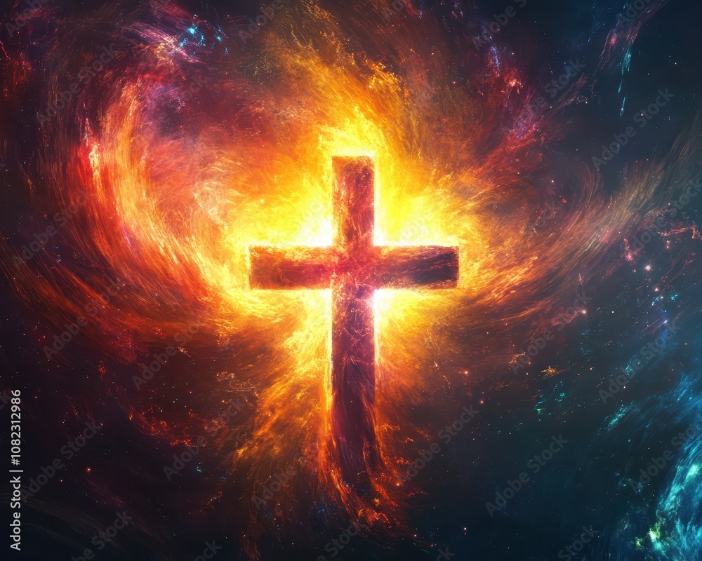 Cross emerging from radiant light, surrounded by swirling cosmic elements, symbolizing hope and strength, vibrant and inspiring Cross emerging from radiant light, surrounded by swirling cosmic elements, symbolizing hope and strength, vibrant and inspiring