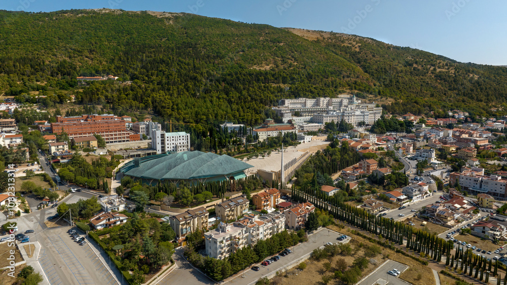 Aerial view of the Sanctuary of Saint Pio of Pietrelcina, also known as Padre Pio Pilgrimage Church, and the hospital Home for the Relief of Suffering located in San Giovanni Rotondo, Puglia, Italy. Aerial view of the Sanctuary of Saint Pio of Pietrelcina, also known as Padre Pio Pilgrimage Church, and the hospital Home for the Relief of Suffering located in San Giovanni Rotondo, Puglia, Italy.