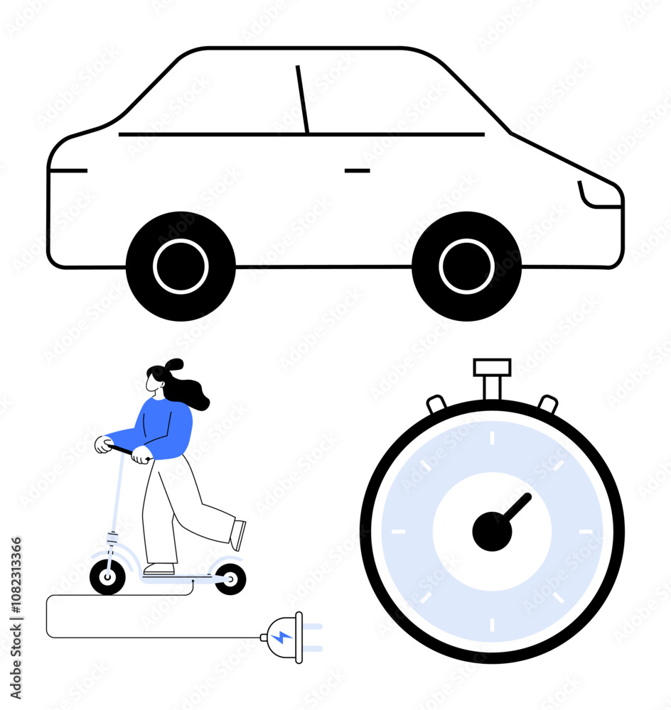 Naklejka premium Car outline person riding electric scooter, stopwatch, electric plug symbol. Themes urban transport, time management, eco-friendly commuting, sustainable mobility, modern travel, efficiency