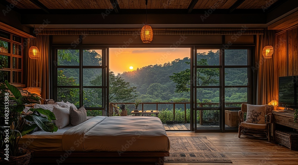 A cozy bedroom with large windows overlooking a breathtaking mountain sunset. A cozy bedroom with large windows overlooking a breathtaking mountain sunset.
