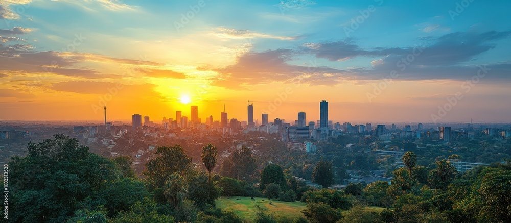 Naklejka premium A panoramic view of a city skyline with a golden sunset in the background.