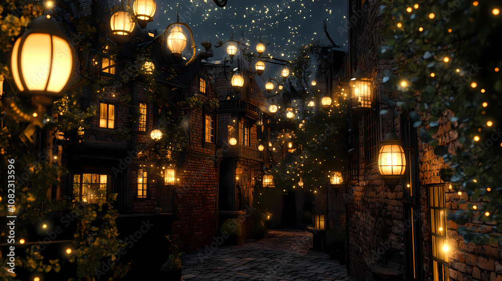 Naklejka premium Steampunk scene. night in the ancient city. lanterns illuminating old brick buildings. beautiful night cityscape. photorealistic 3d illustration. Steampunk. Illustration