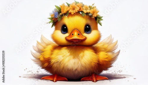 Cartoon drawing of a little duckling with fluffy yellow feathers. Big eyes with a flower cro