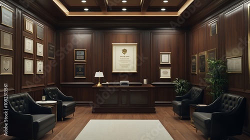 A luxurious office with dark wood paneling, a large desk, two leather armchairs, and framed awards on the wall.