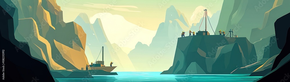 Naklejka premium A serene landscape featuring a boat near rocky cliffs and a distant outpost.