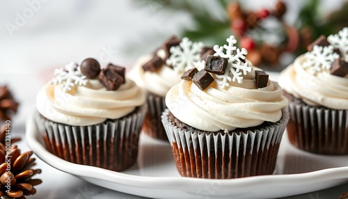  chocolate cupcakes topped with rich frosting arranged neatly on a decorative plate. 