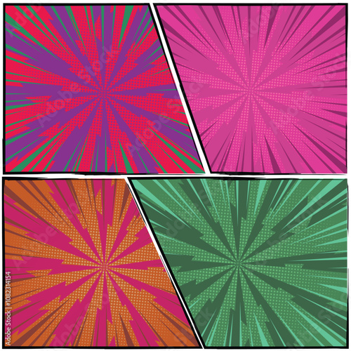 Colorful comic scene background template featuring four scenes with halftone rays and radial effects in various colors, designed in a vibrant pop-art style. Cartoon comics background with speed lines.