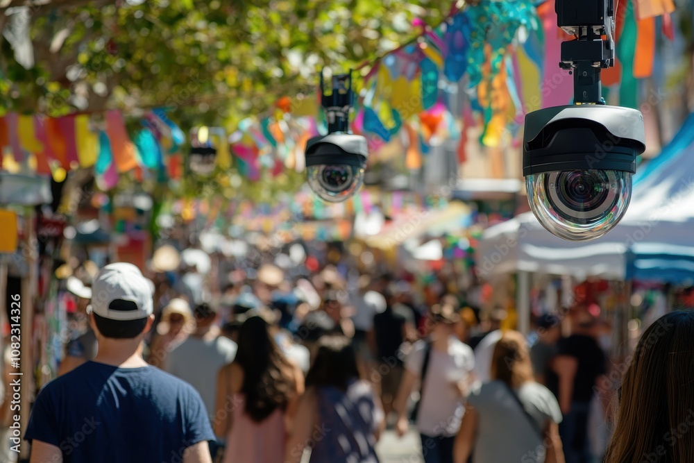 Obraz premium Crowded street market with surveillance cameras overhead