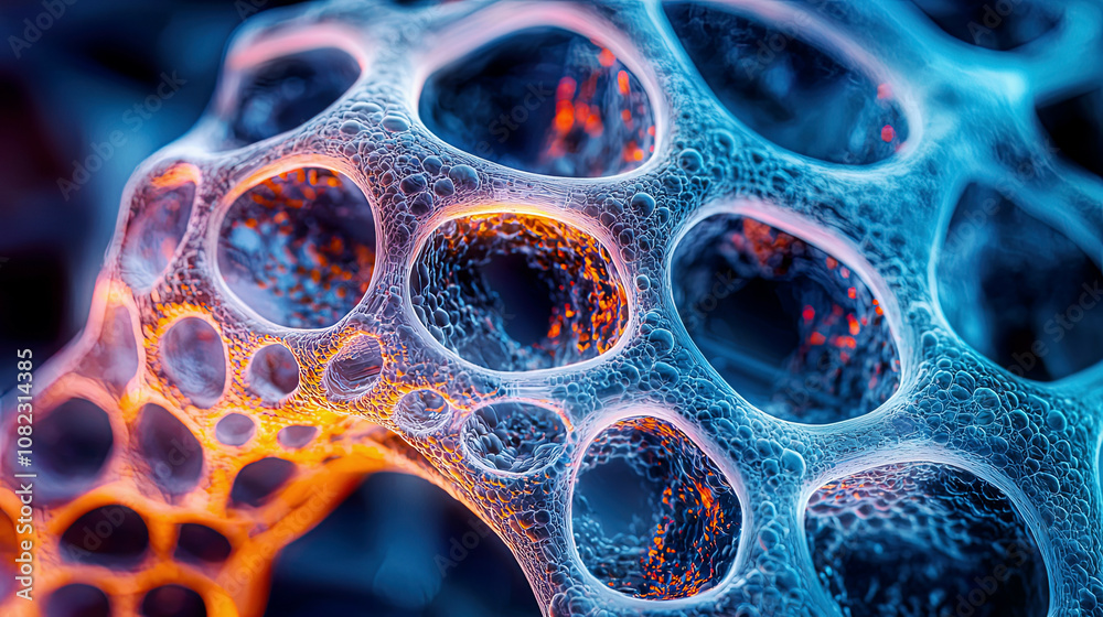 Ultra-realistic macro shot of bio-ink forming bone tissue, intricate cellular layers, glowing futuristic bioprinting equipment Ultra-realistic macro shot of bio-ink forming bone tissue, intricate cellular layers, glowing futuristic bioprinting equipment