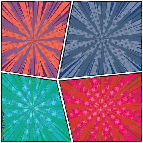 Colorful comic scene background template featuring four scenes with halftone rays and radial effects in various colors, designed in a vibrant pop-art style. Cartoon comics background with speed lines.
