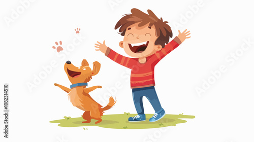 Cheerful Boy and Dog in Mixed Media Vector Illustration