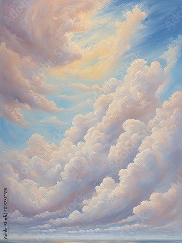 A serene sky with soft, fluffy clouds drifting in an expansive open space. The pastel hues and gentle motion convey freedom, lightness, and mental clarity, inspiring peace and imagination.