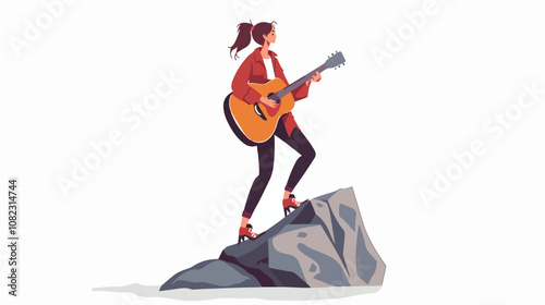 Cheerful Businesswoman Standing on Rock Edge Playing Outdoors