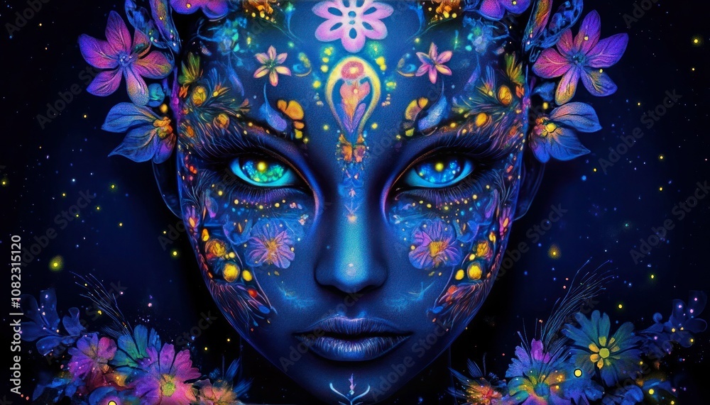 Mesmerizing Black Light Painting of Intricate Floral Face on Blue Background Mesmerizing Black Light Painting of Intricate Floral Face on Blue Background