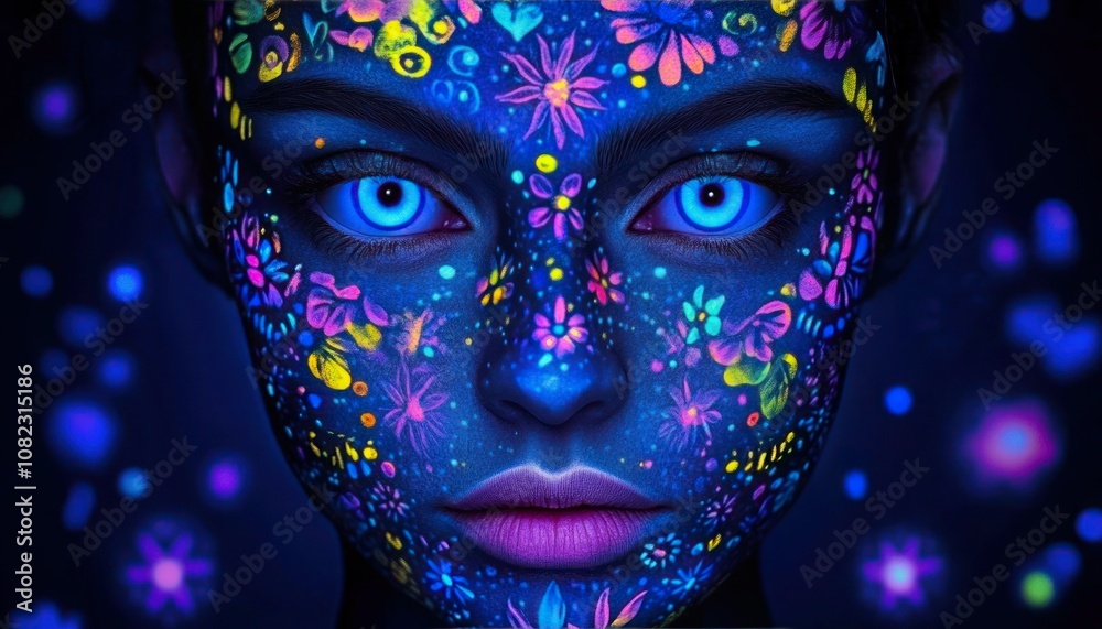 Mesmerizing Black Light Painting of Intricate Floral Face on Blue Background Mesmerizing Black Light Painting of Intricate Floral Face on Blue Background