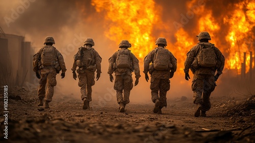 Soldiers Walking Through Fire and Smoke