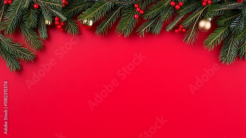 Christmas Festive Red Background with Pine Branches, Berries, and Ornaments