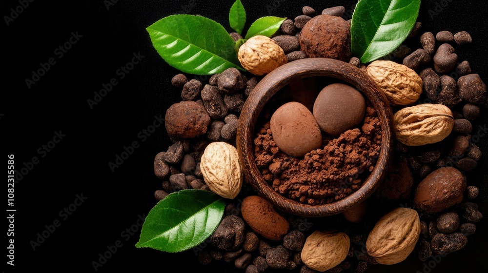 Cocoa Beans, Cocoa Powder, and Cacao Nibs with Green Leaves Cocoa Beans, Cocoa Powder, and Cacao Nibs with Green Leaves