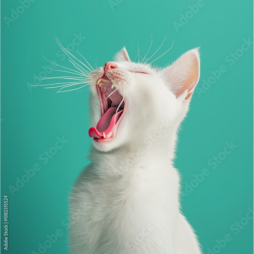 Cat yawning with green background